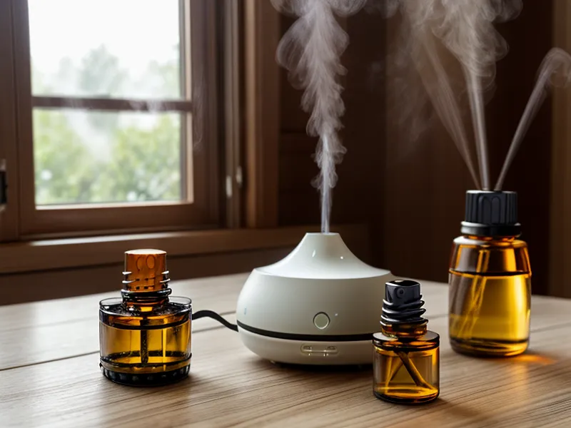 Flacon d'huile essentielle de menthe poivrée parmi les huiles utilisées pour l'astuce anti-araignées maison
