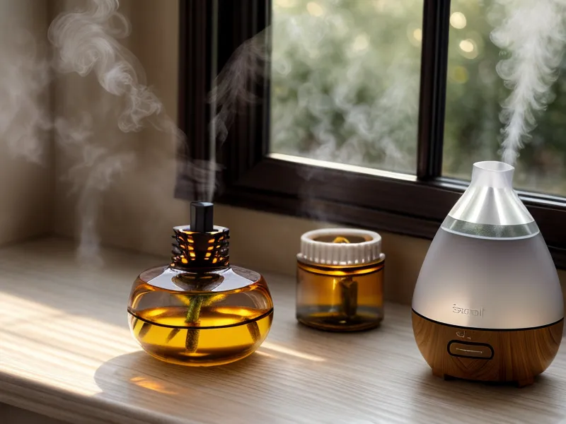 Flacons d'huiles essentielles anti-moustiques, citronnelle et géranium rosat, préparés pour une soirée d'été en famille