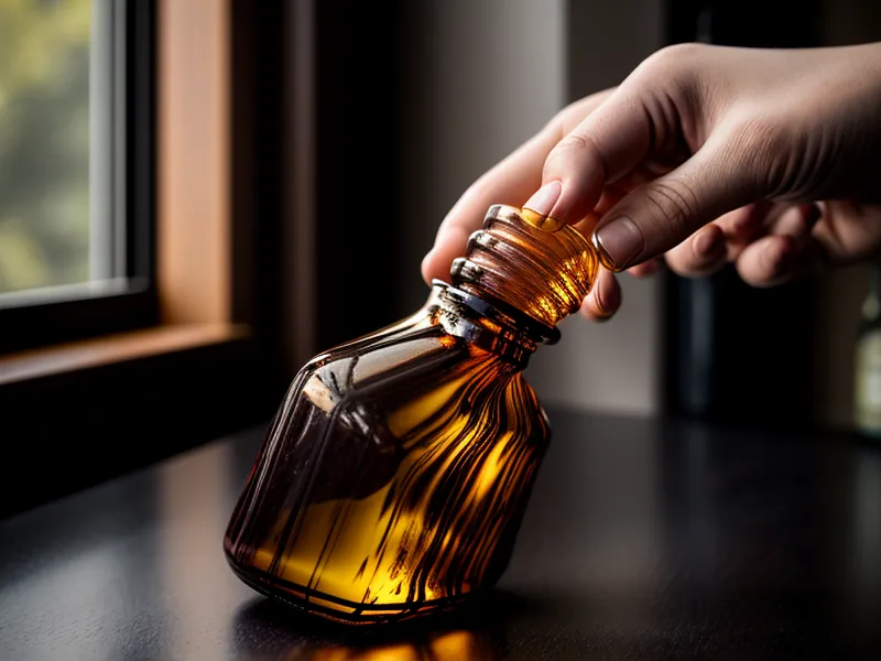 Gros plan d'une main fermant soigneusement un flacon d'huile essentielle ambré